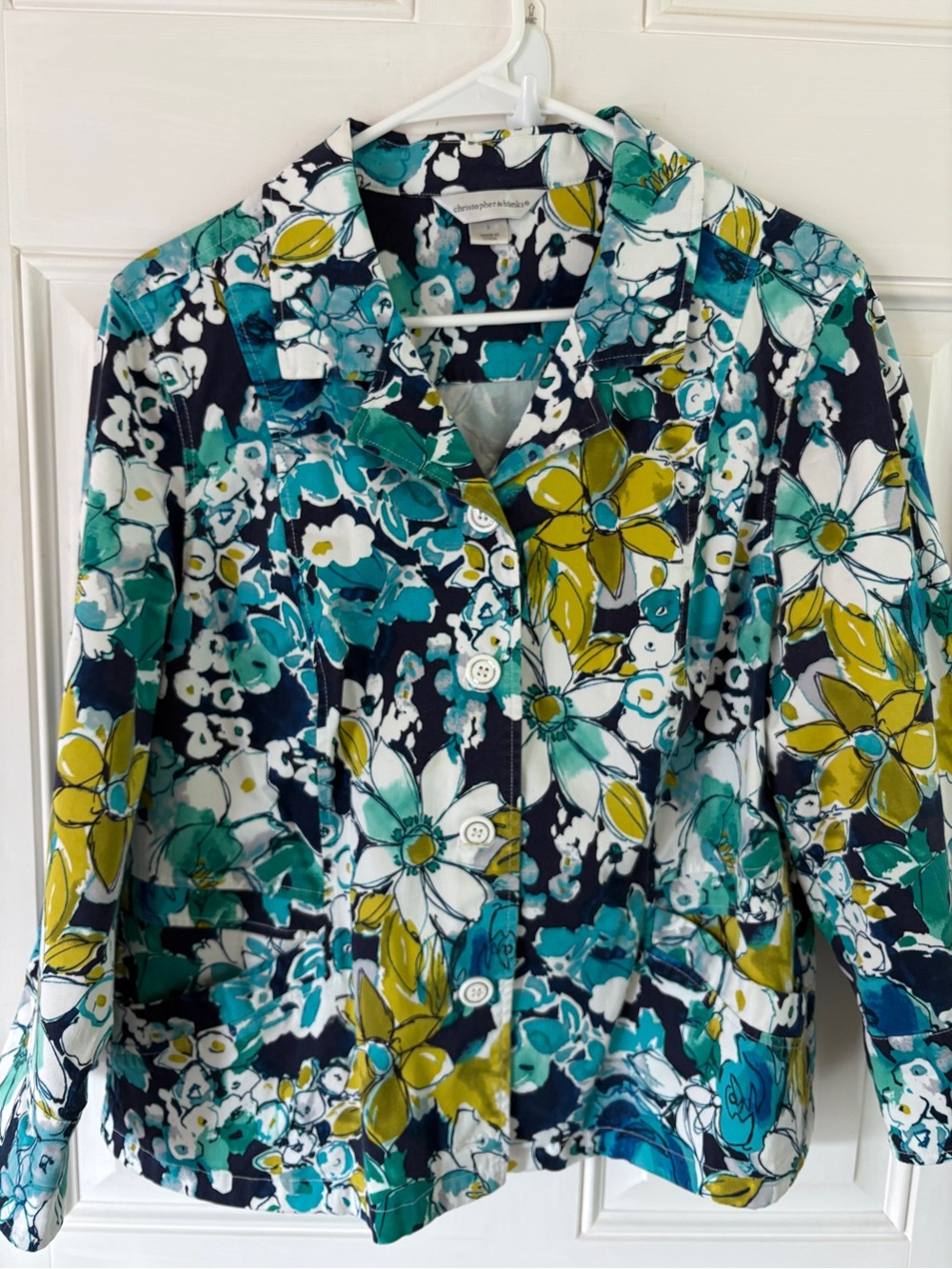 Christopher & Banks Floral Button-Front Jacket in Teal, Navy & Yellow